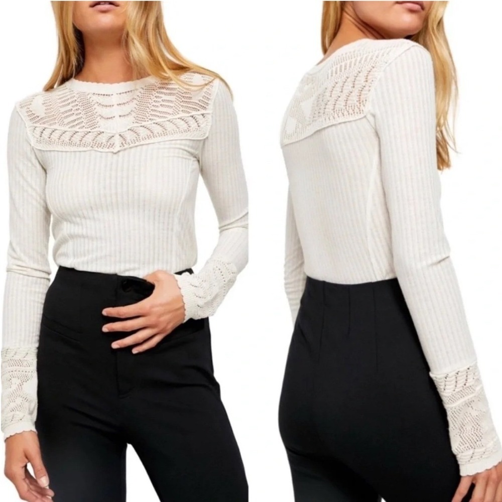 Free People Colette Cream Ribbed Knit Top Crochet Lace Yoke and Cuffs Size Lrg.